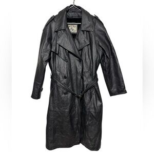 Wilda Black Leather Trench Coat Women Size XL Belted Western Winter Fall Classic